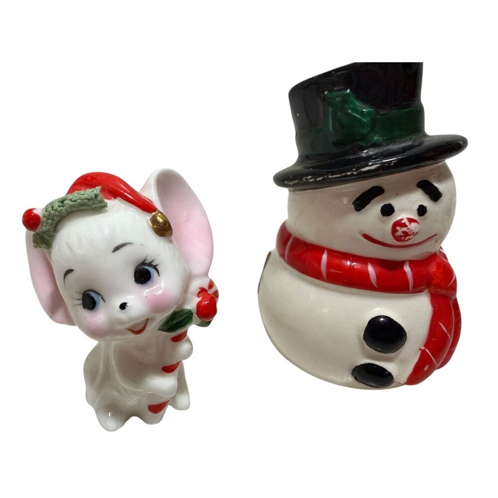 Vintage Ceramic Christmas Snowman & Mouse Miniature Figurines Holiday Decor